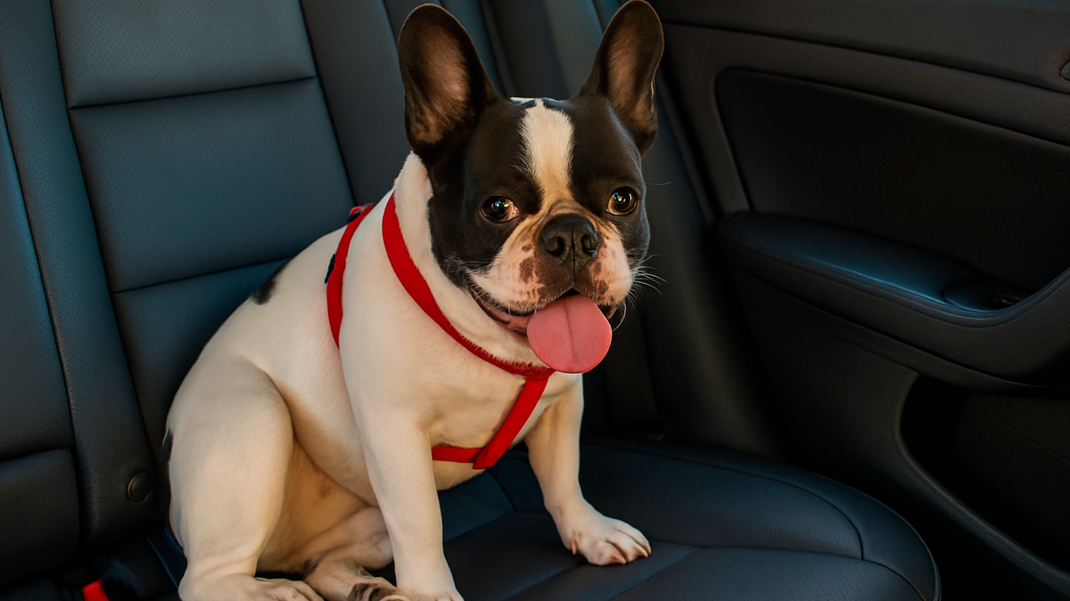 Французский бульдог, похожий на Лолу, сидит на заднем сидении автомобиля