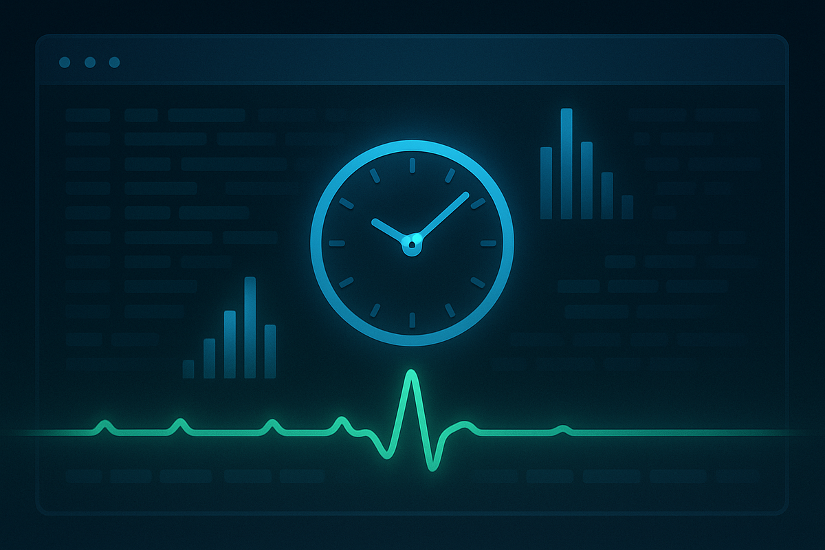Неоновый циферблат и ровный пульс‑линия на тёмном терминале символизируют логирование по фиксированному времени вместо счётчиков событий.