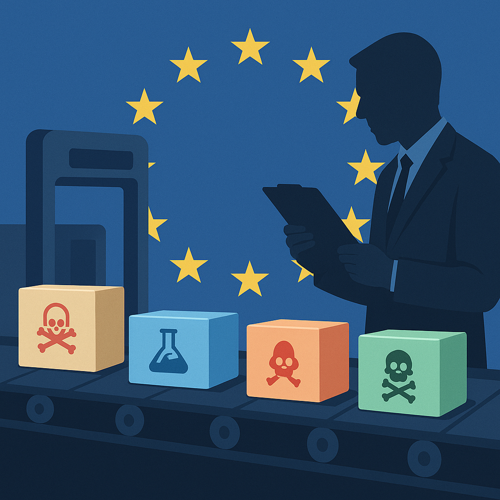 Силуэт инспектора ЕС проверяет посылки с опасными символами на транспортёрной ленте, на фоне звёздного круга EU — метафора контроля за небезопасными товарами из онлайн‑маркетплейсов.
