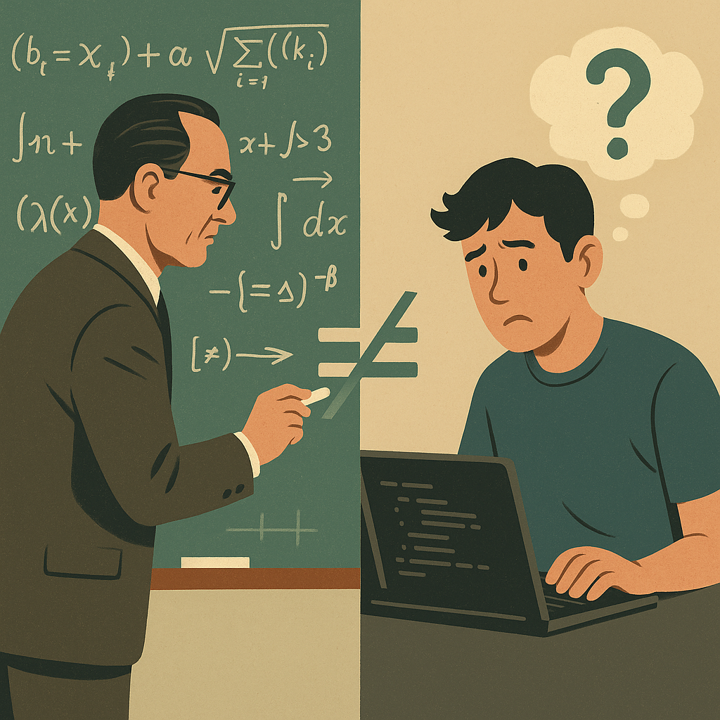 1950‑е: математик выводит формулы на доске, а по‑соседству современный программист озадаченно глядит на код — визуальный намёк, что «dynamic programming» родом из математики, а не из программирования.