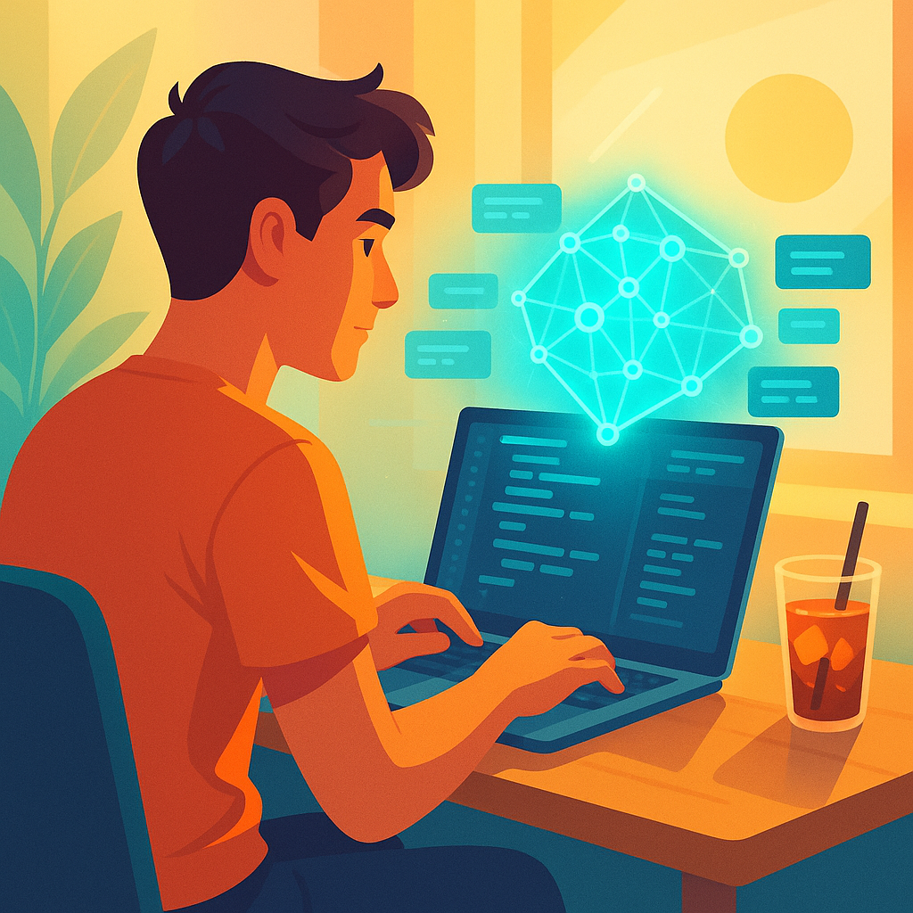 Летний полдень: разработчик, освещённый тёплым солнцем, пишет код, а над экраном парит светящаяся «сеть» LLM — символ новой эры программирования летом 2025 года.