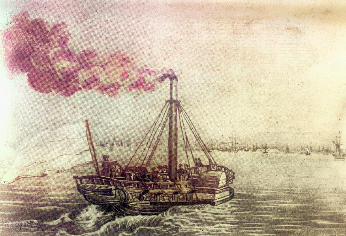 Репродукция гравюры "Первый русский пароход "Елизавета" на линии Петербург-Кронштадт"