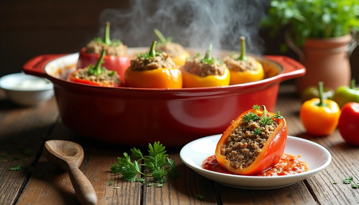 Перец фаршированный мясом и рисом – это аппетитное и сытное блюдо, которое появляется на столах многих россиян в летне-осенний сезон. Это действительно классика домашней кухни, которая радует не только своим вкусом, но и относительно невысокой калорийностью – всего 131 ккал на 100 грамм, хотя порция целиком содержит около 540 ккал.