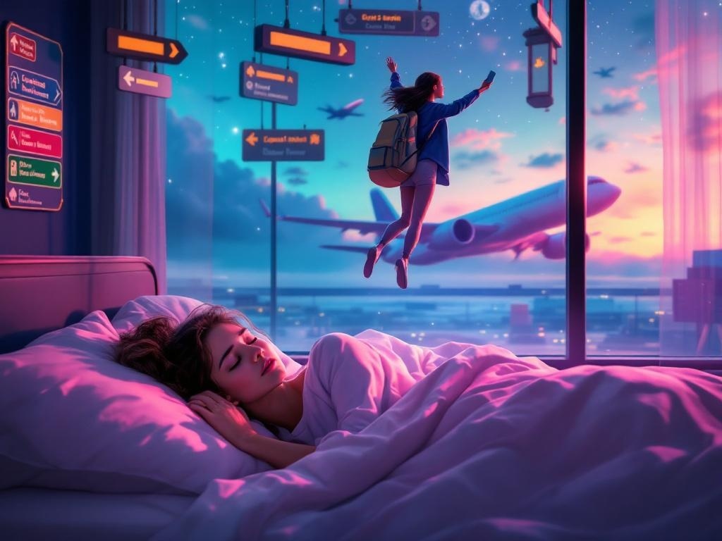    К чему такое снится: На картине изображён аэропорт с множеством указателей. Женщина с рюкзаком и билетом в руке выглядит сбитой с толку, осматриваясь вокруг и ища стойку регистрации. Вда