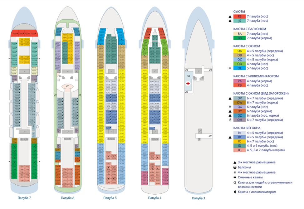 Жилые палубы круизного лайнера Астория Гранде: 4, 5, 6 и 7.