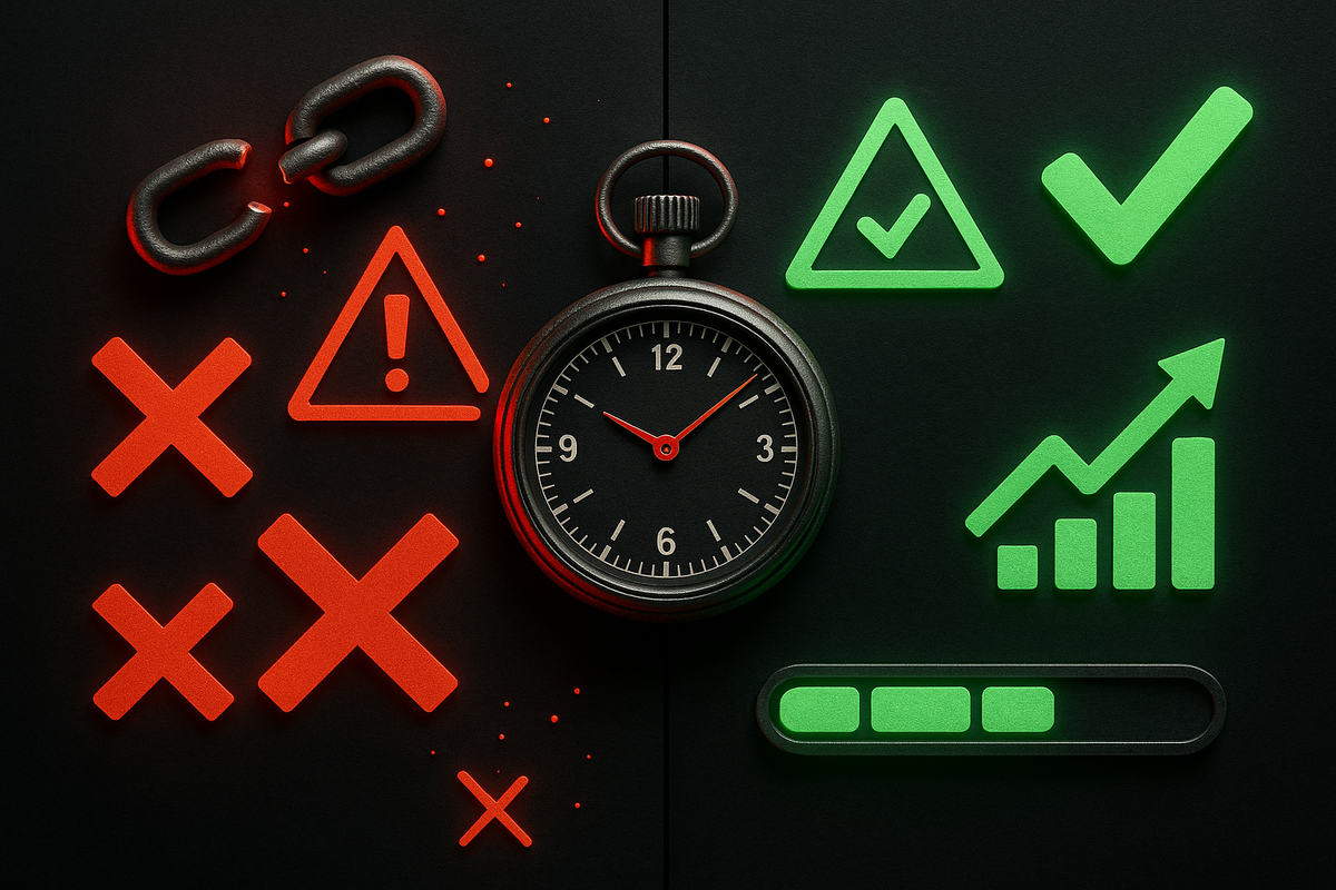 Красные ошибки и зелёный прогресс — визуальный контраст провала и успеха.