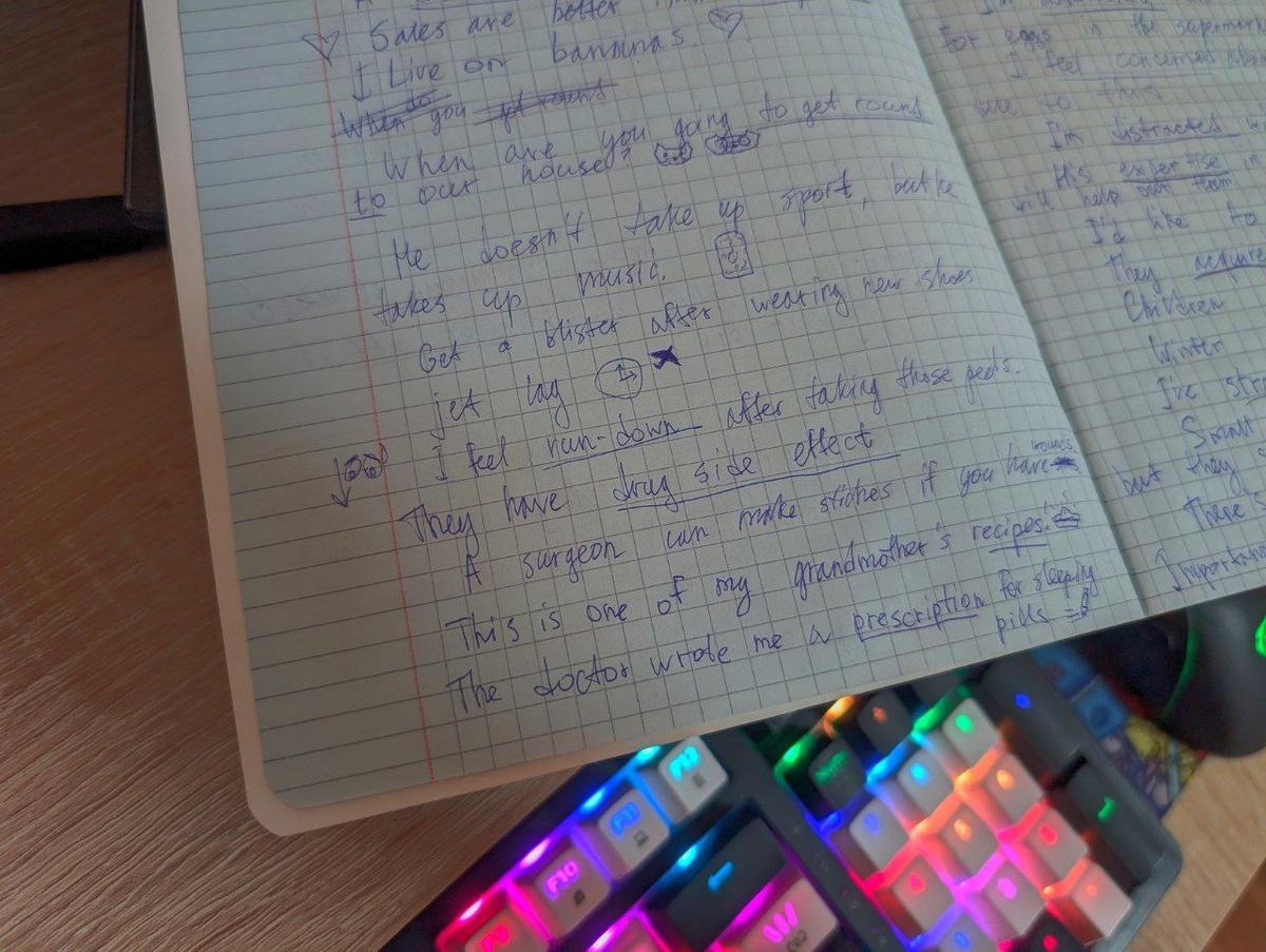 Пример моей тетрадки, где записывала новые слова с визуальными полями