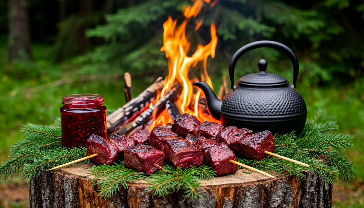 Лосиный шашлык, брусничный соус и заваренный чаек.