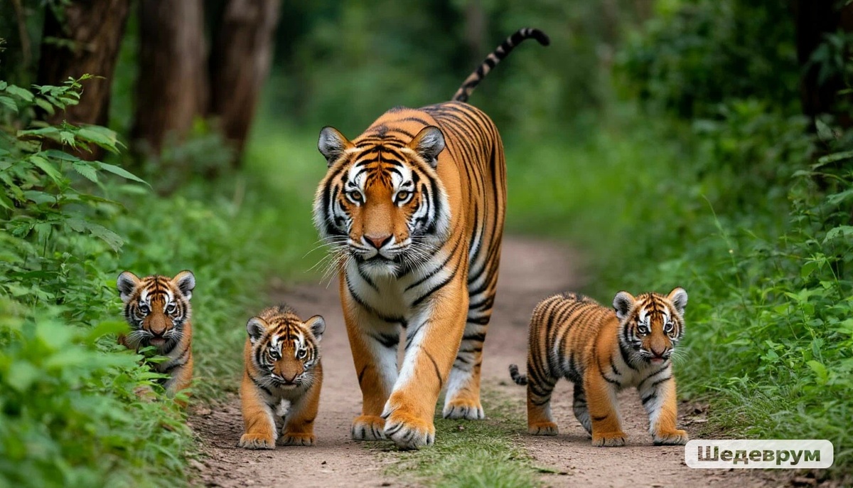 Тигр т тигрята идут по тропе