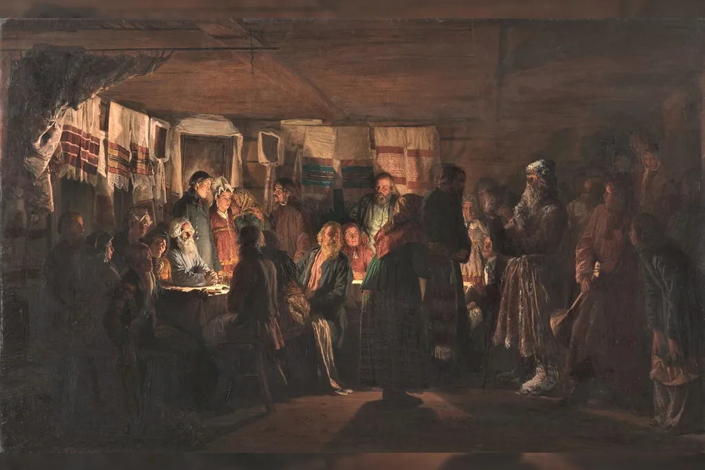 Василий Максимов,  Колдун приходит на крестьянскую свадьбу , около 1875 г