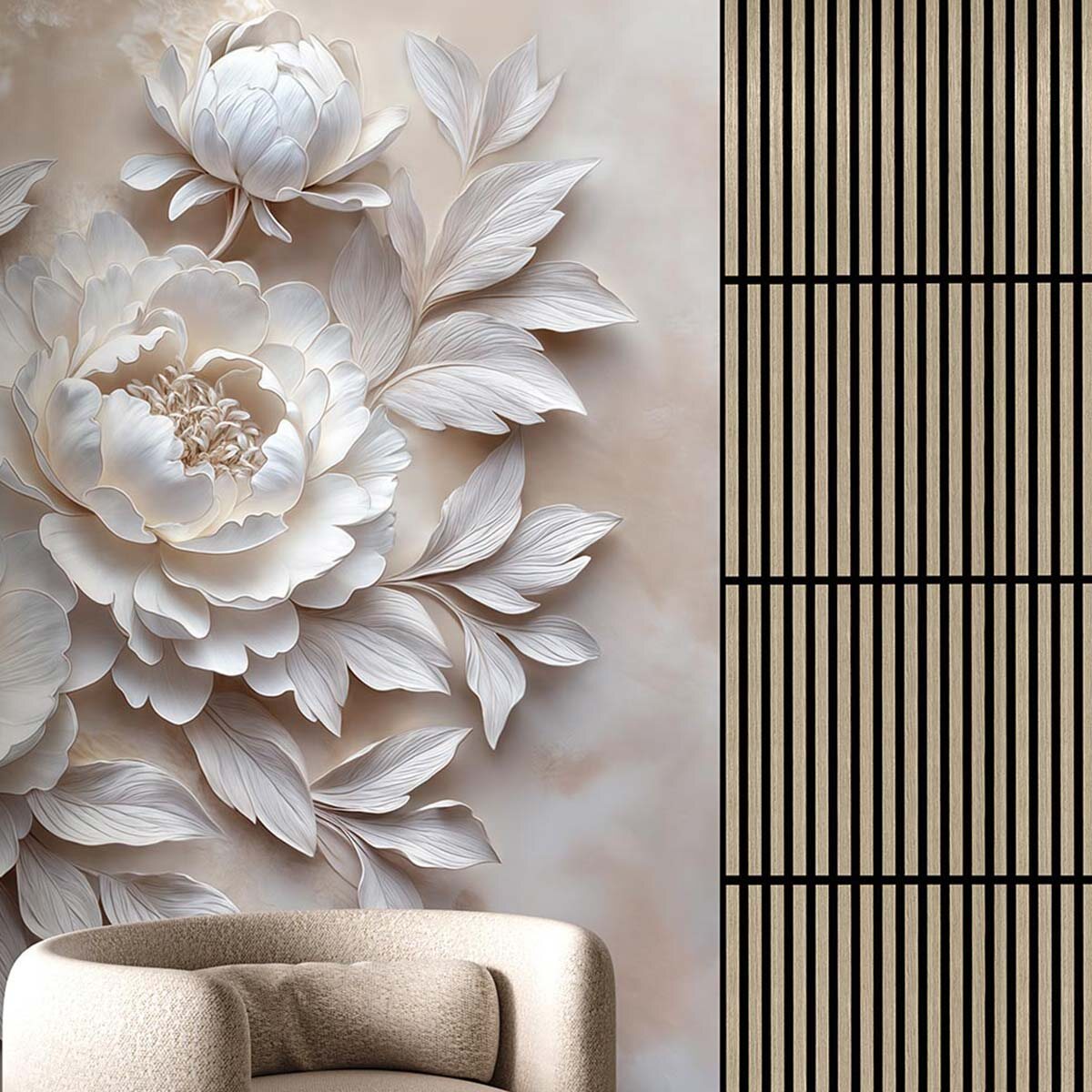 Пример сочетания фактур в интерьере: флизелиновые фотообои + акустические панели VEROL. Артикулы на WB: 446719666 // 278898294.