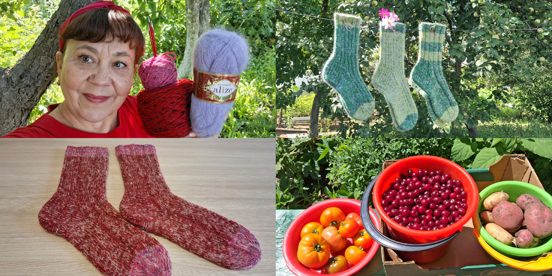 В жарком месяце июле,во время отдыха в саду, продолжаю вязать носки!