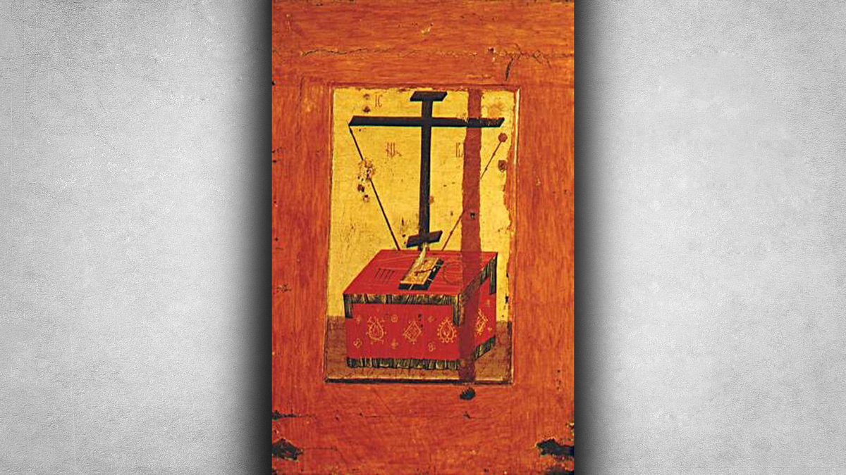 Престол и орудия страстей - оборотная сторона Владимирской иконы Божией матери. Это изображение, возможно, выполнено Андреем Рублёвым