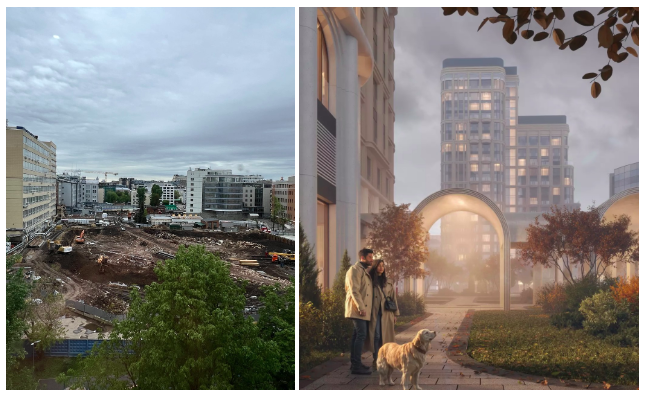 Слева — строительство ЖК «Татарская, 35» на стадии котлована (дата съемки — 02.05.2025, фото: Татьяна Прачкина) и проектируемое размещение корпусов (с сайта застройщика https://btatarskaya35.ru)