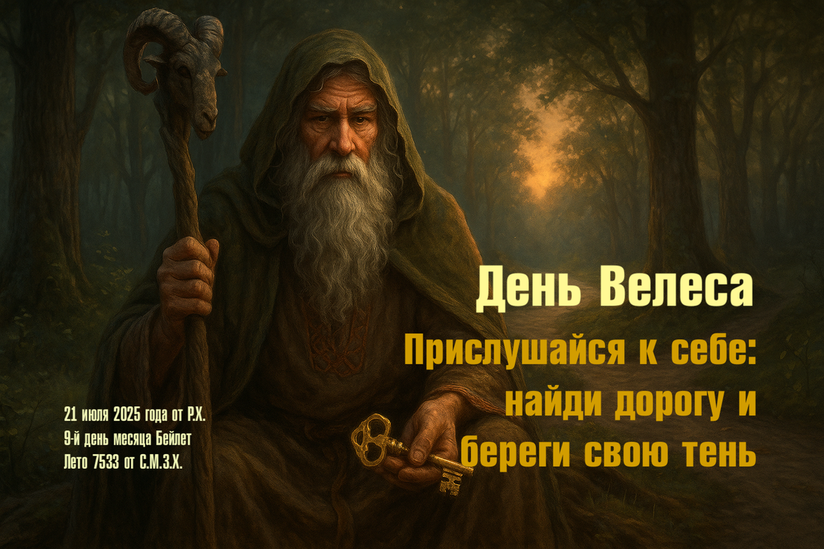 Велес сидит на перекрёстке тропинок, опершись на свой посох. Его глаза светятся мягким, глубоким светом, похожим на звёздное небо. Он ждёт, пока ты подойдёшь к нему, и протягивает тебе ключ: «Дорога твоя – помни. Но выбор твой.» И ты ощущаешь под ногами мягкую землю, пахнущую травой и дождём, и впервые за долгое время понимаешь, что никуда не опаздываешь.