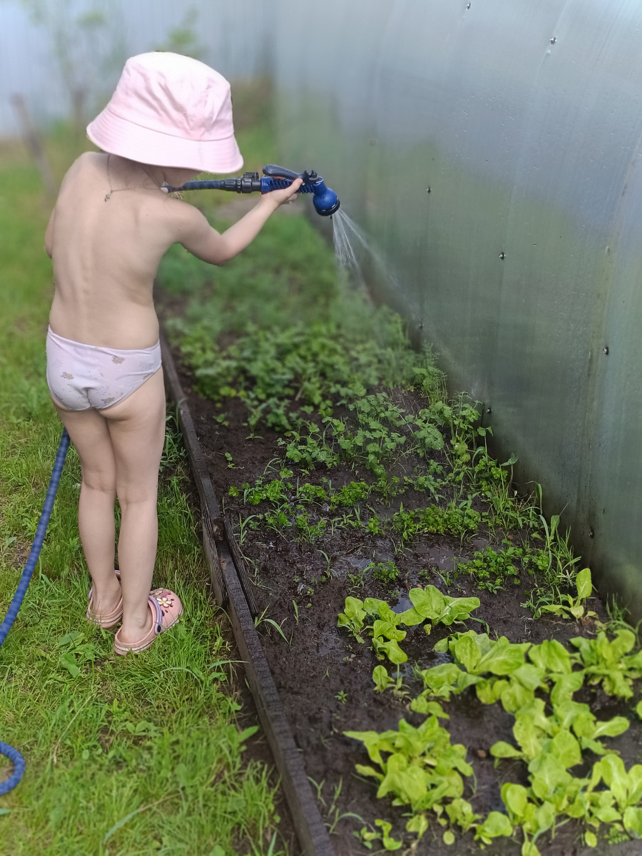 Сонечка помогает в поливе гряд...