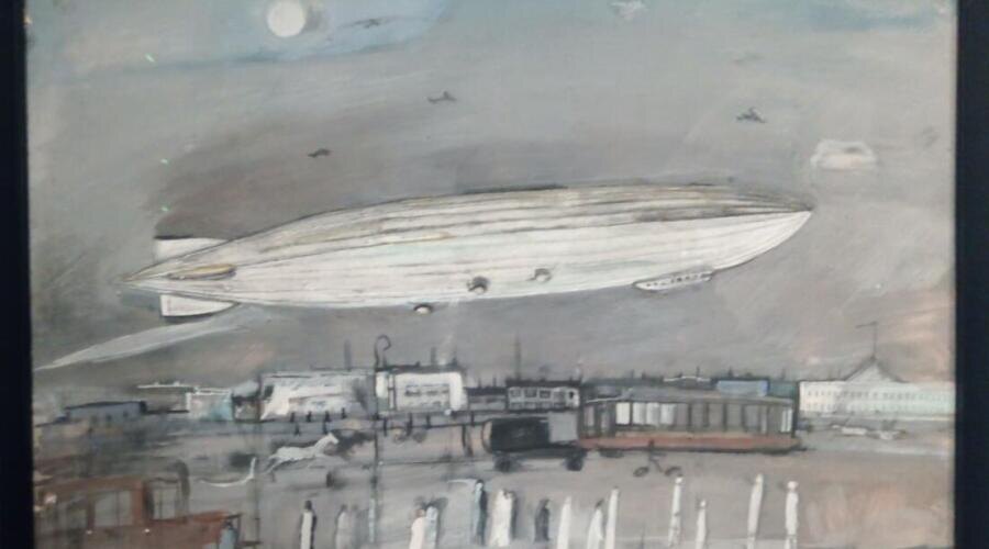    Александр Лабас, «Дирижабль над городом», 1931 г. Фото: Александр Смирнов, выставка «Невесомость. Александр Лабас о скорости, прогрессе и любви»