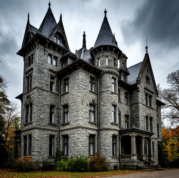 Описание замка: мрачный массивный дом из серого камня с уродливой башней на передней части фасада и остроконечными выступами. Здание поражает своей тяжеловесностью и необычайной архитектурой, в которой есть «что-то глубоко затаённое, извращённое, казавшееся уродством, воплощённым нарушением гармонии».