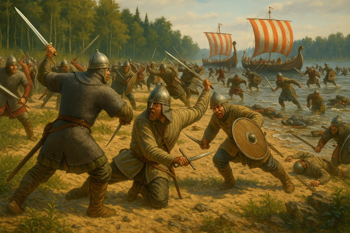 Новгородские дружинники атакуют шведов у устья Ижоры в июле 1240 года