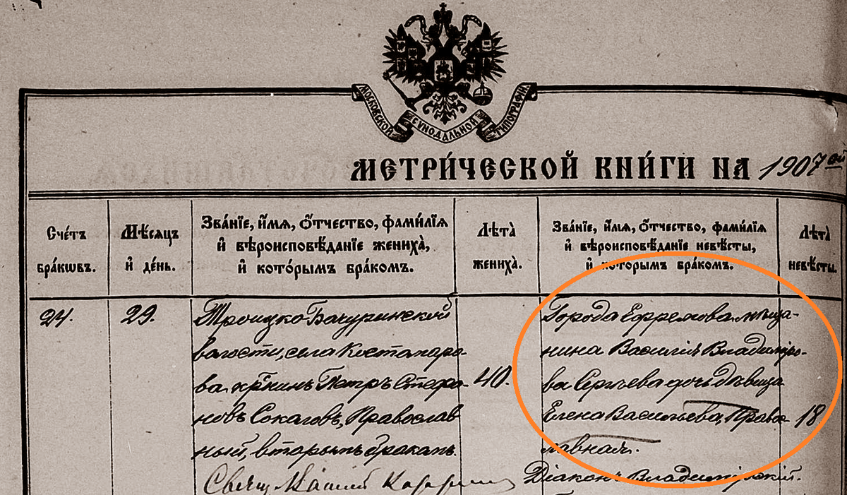 1907 год, апрель. Запись о бракосочетании Петра Степановича Соколова.