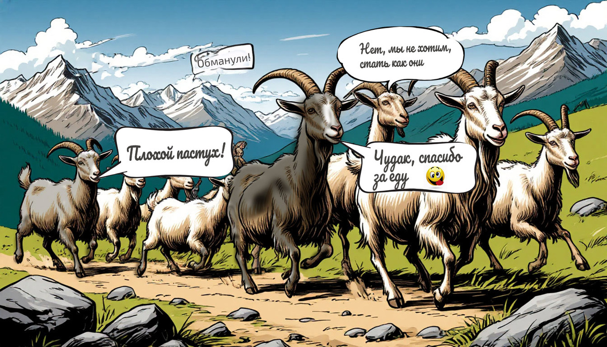 В одной долине жил Пастух, который так хотел казаться великим, что кормил чужих коз, морив голодом своих. Он думал, что купит их преданность, но когда настали трудные времена, дикие козы просто ушли, оставив его с озлобленным и голодным стадом.

Но вместо раскаяния Пастух обвинил во всём самих коз – мол, "вы недостаточно терпеливы".