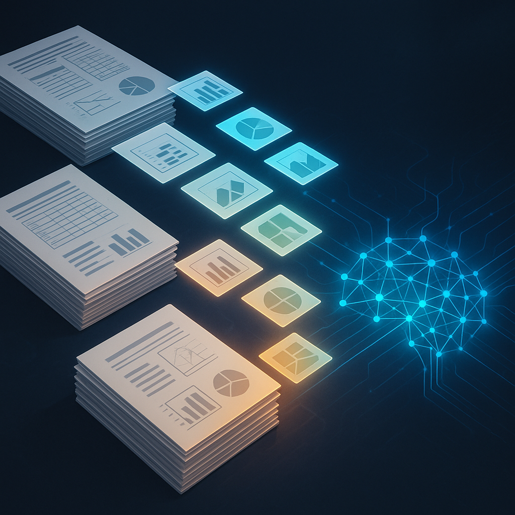 Документы превращаются в сияющие «плитки» и устремляются в нейросеть — визуальный образ подхода Morphik, где поиск строится на анализе изображений, а не текста.