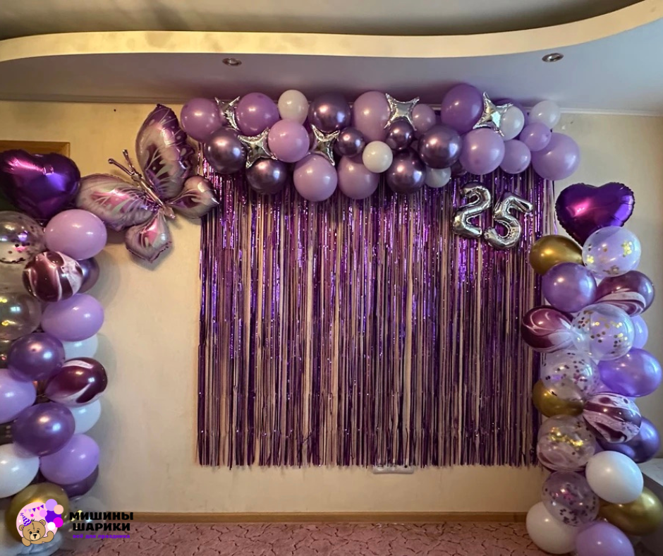 Фотозона из воздушных шаров, подвешенных к потолку со стойками