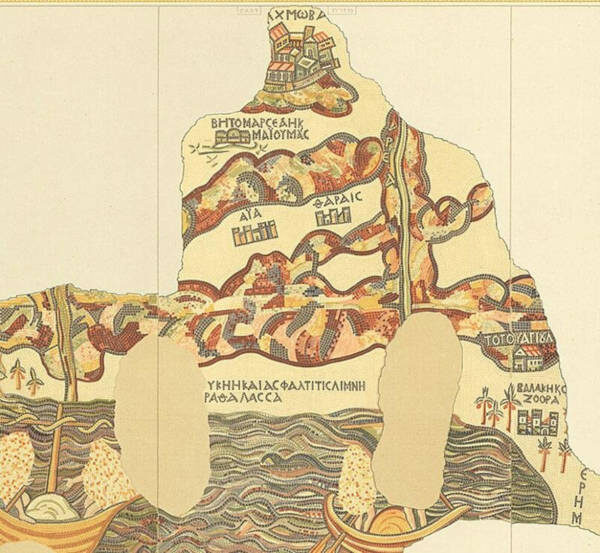 Фрагмент мозаичной карты Мадабы, на котором изображен Фараис (Θαραίς), демонстрирующий важность этого поселения в древнем мире. 