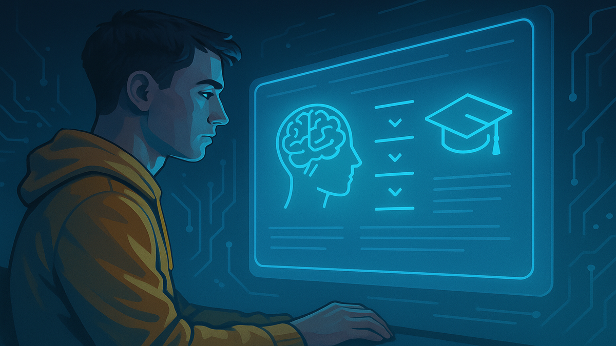 Молодой человек изучает нейронавыки 2035 года на цифровом экране — учиться, чтобы не исчезнуть из профессий будущего.