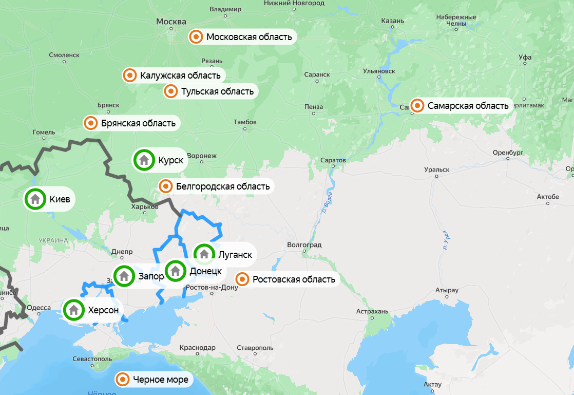 Карта ночной атаки украинских БПЛА на российские территории. Скриншот: Яндекс Карты