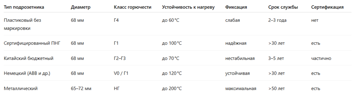 Сравнительная таблица типов подрозетников