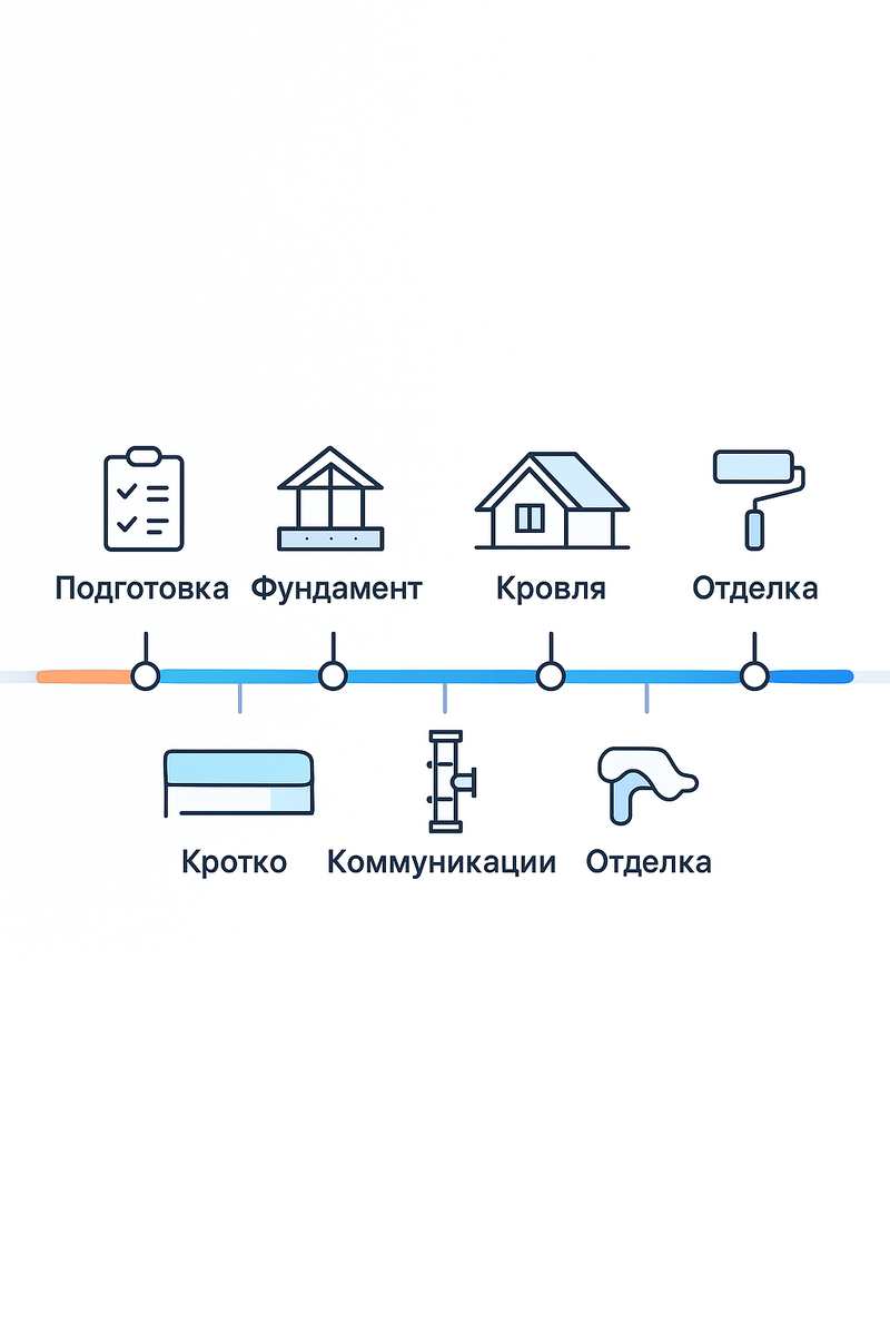 Схематичное представление основных этапов строительства от проекта до ввода в эксплуатацию
