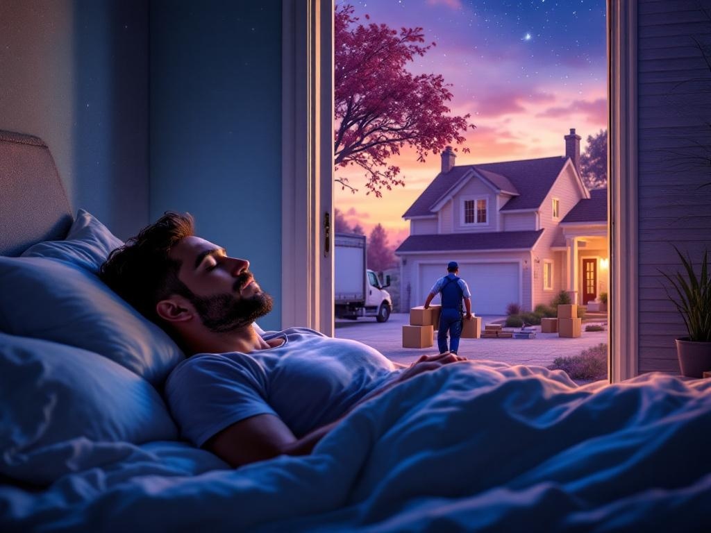   К чему такое снится: На картине изображён момент переезда в новый дом. Рабочий в спецодежде разгружает мебель из грузовика возле двухэтажного коттеджа. В дверях виден след использования.