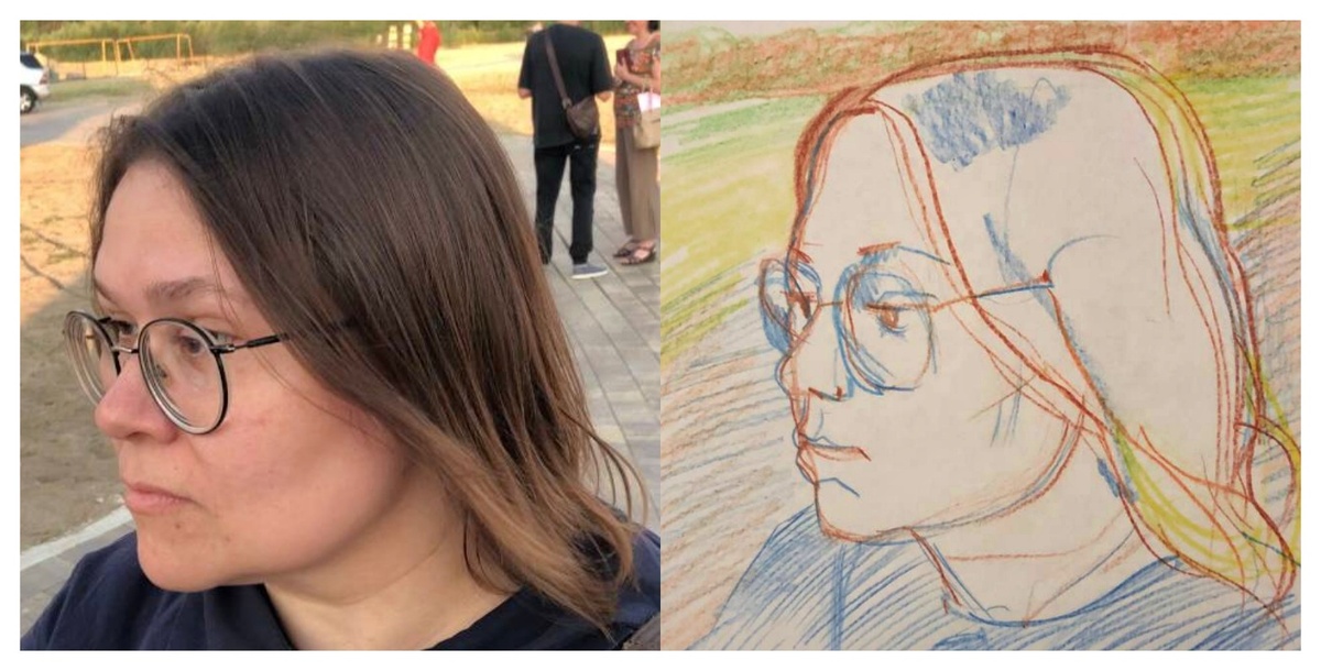 Моё случайное фото и набросок, который я начинала с рисования фона вокруг головы