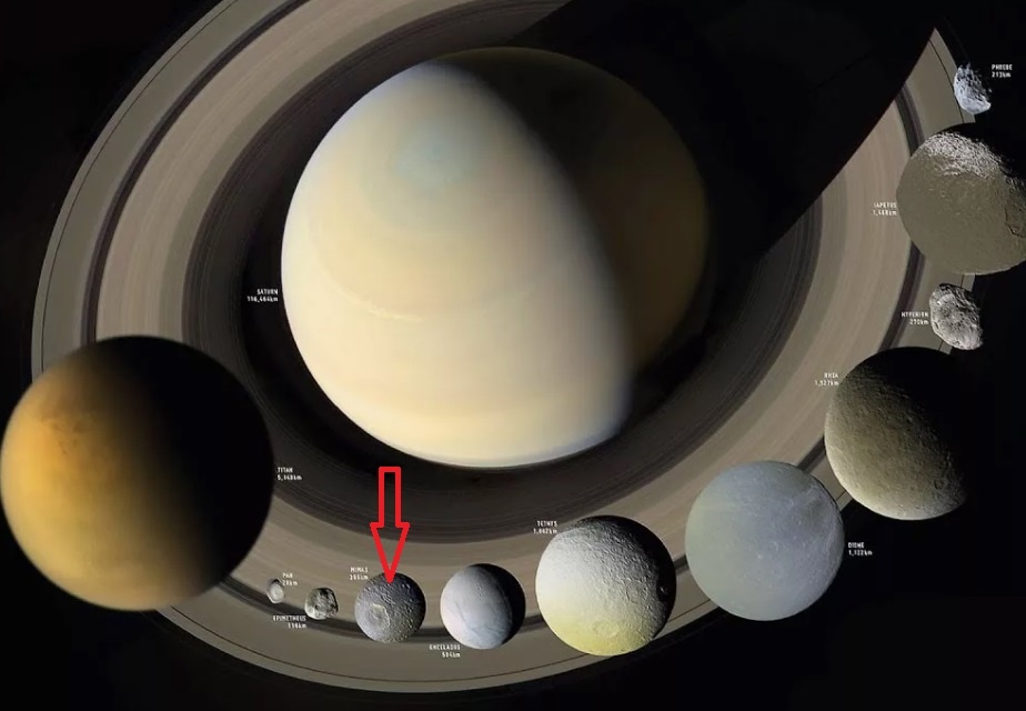 Картинка из интернета. Красной стрелкой отмечен Мимас.