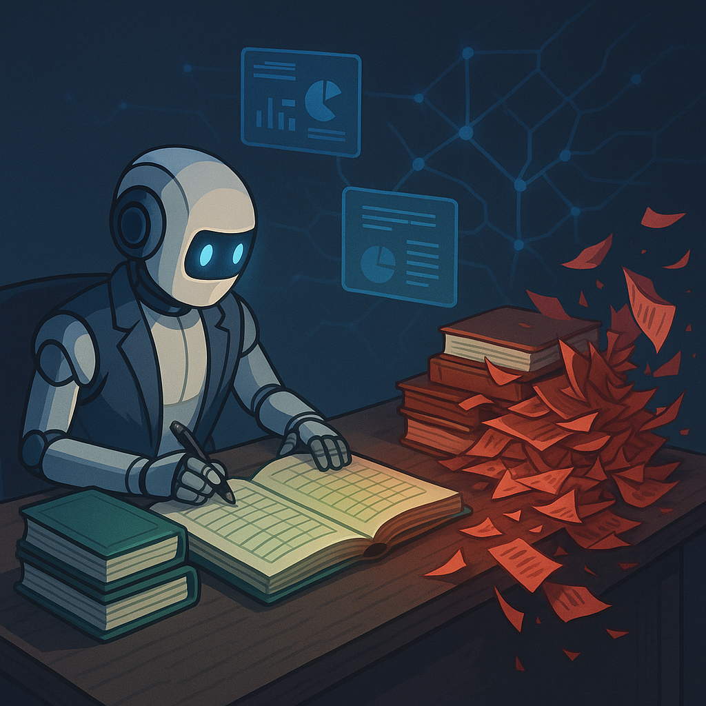 Робот‑бухгалтер аккуратно заполняет сияющий зелёный отчёт, в то время как рядом вспыхивает хаотичная красная кипа ошибок — визуальный намёк на то, что ИИ справляется лишь вначале, а дальше вносит беспорядок в финансы.