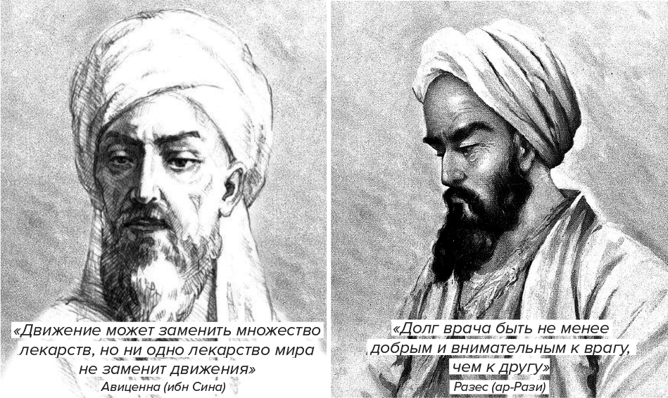 Персидские врачи и ученые: ибн Сина (Авиценна) и ар-Рази (Разес). Ибн Сина является самым влиятельный ученым восточного Средневековья. Написал более 450 трудов в 29 областях науки, из которых до нас дошли 274 трактата. Ар-Рази, кроме медицинских трактатов, оставил труды по философии, этике, теологии, алхимии, математике и астрономии.