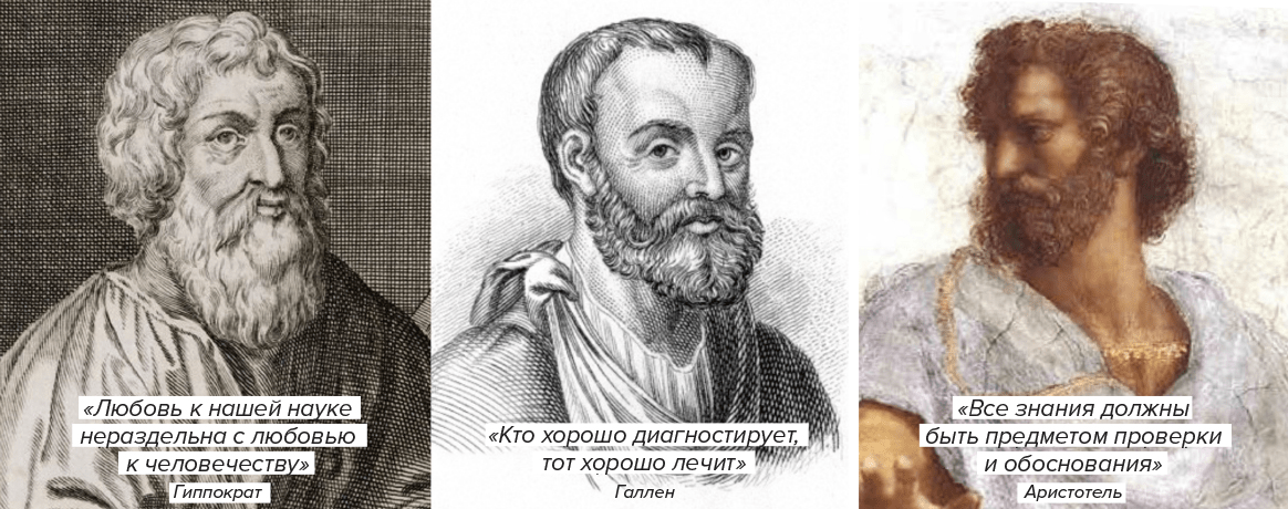 Гиппократ, Аристотель, Гален — античные ученые и философы, научные воззрения которых были основным источником знаний для многих поколений средневековых медиков.