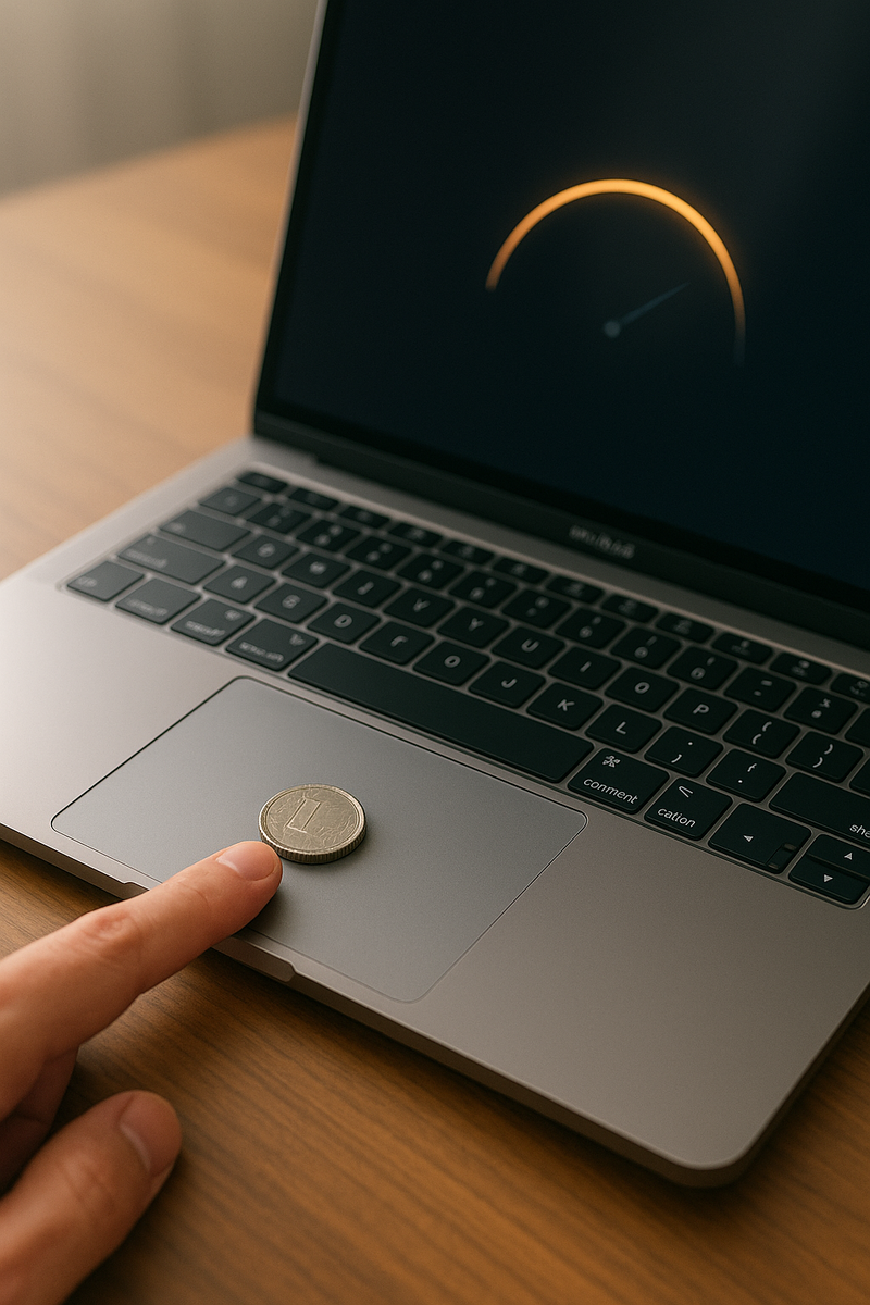 Трекпад MacBook служит весами: монета на сенсоре, палец активирует измерение, а минималистичный индикатор на экране намекает на точный результат.