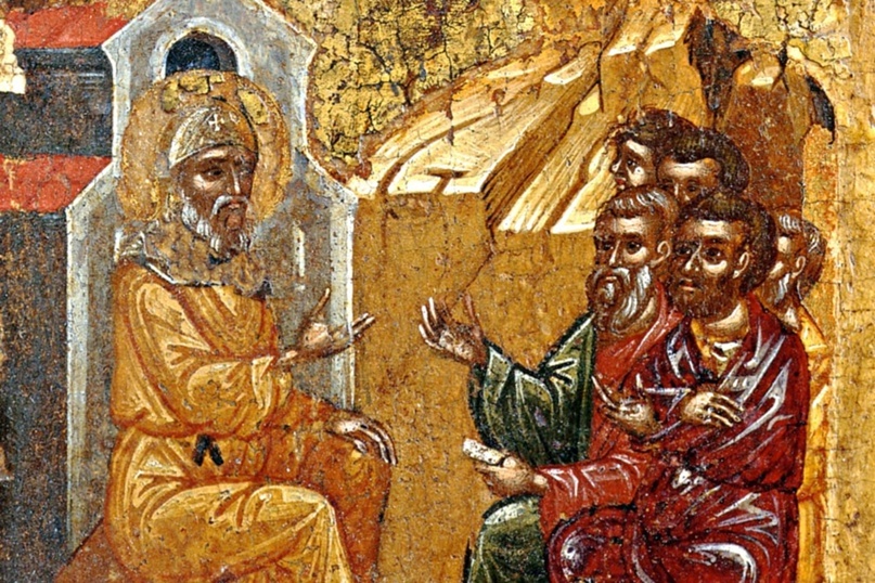 Преподобный Антоний беседует с людьми. Фрагмент иконы XVI в.