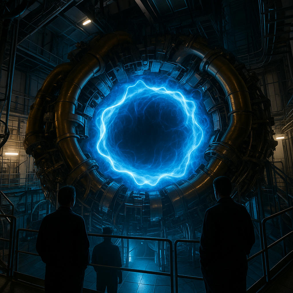 Стелларатор Wendelstein 7‑X: сверкающее синее кольцо плазмы в сложной магнитной «бронзе» — зрелищный рекорд долгого удержания энергии.