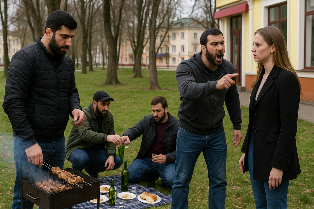 Приезжие бородачи накрыли поляну с шашлыком в парке и дерзили местным. Прибывшие на место парни из "Русской общины", быстро охладили их пыл