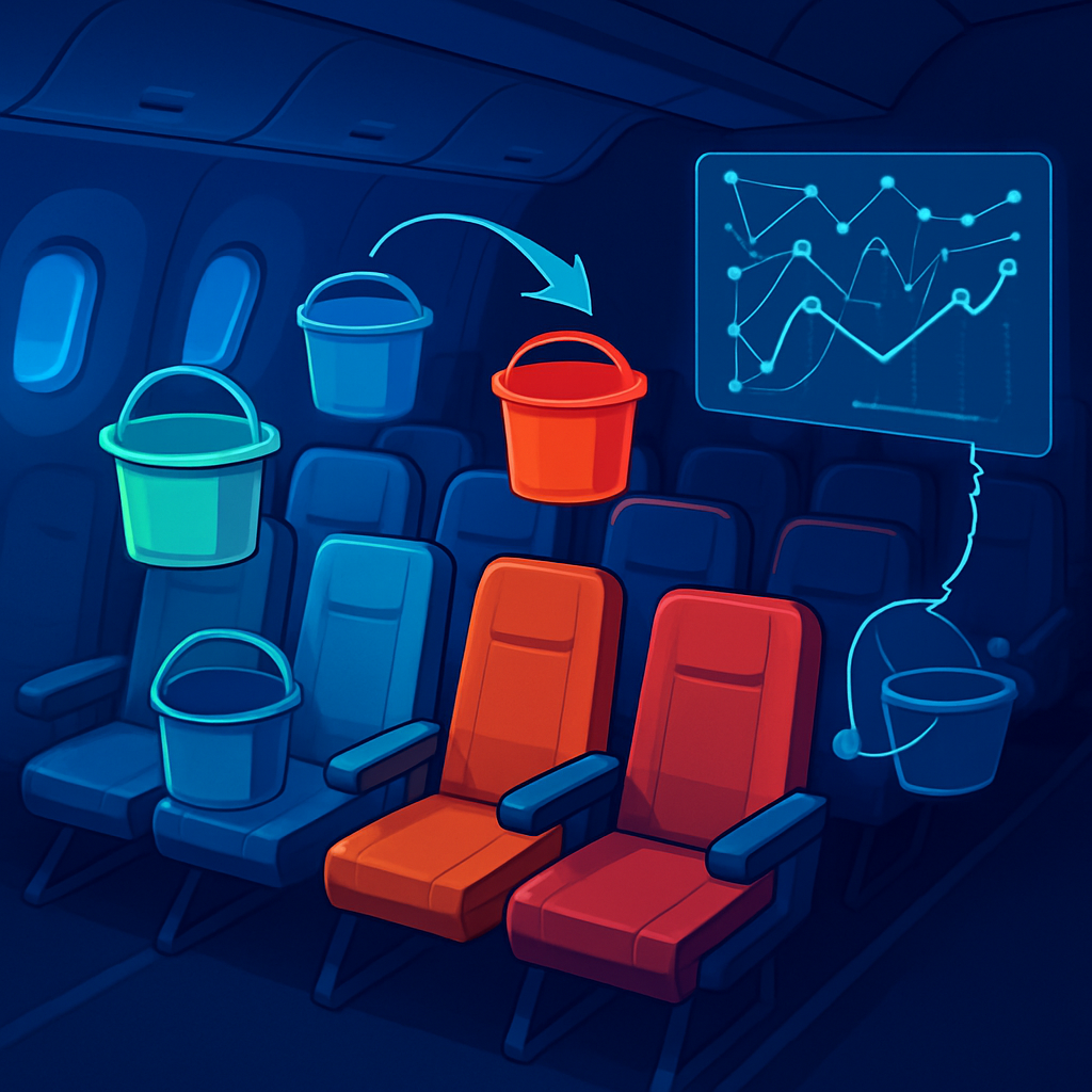 Салон самолёта, где разноцветные «ведра» парят над креслами: зелёные и синие дешёвые тарифы исчезают, красные дорогие остаются — наглядный образ динамического ценообразования авиакомпаний.