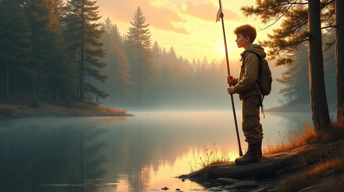    Главный герой рассказа "Васюткино озеро" у открытого им водоёма askmy.ru