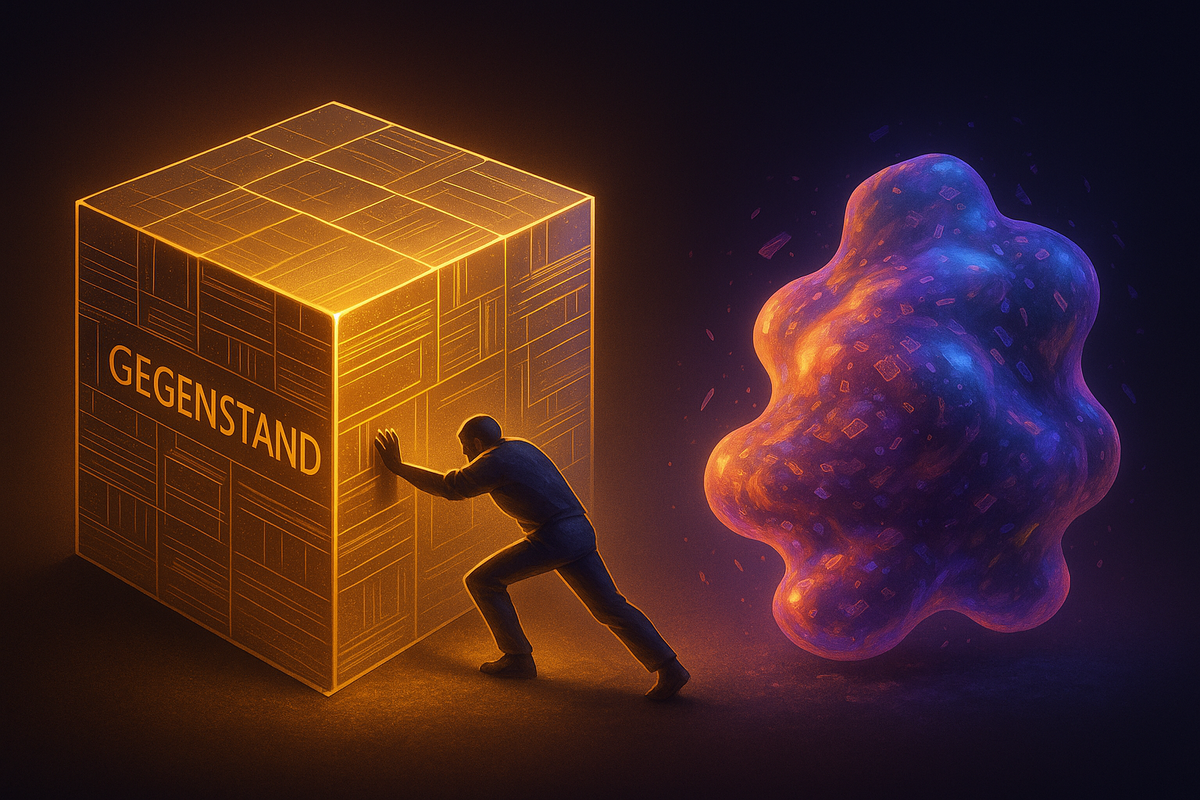 Слева — «куб» из книг, упруго сопротивляющийся усилиям человека; справа — текучий фиолетово‑оранжевый «блоб» бесструктурной информации. Контраст показывает, как структурированные знания требуют труда, а ИИ‑ответы легко подстраиваются.