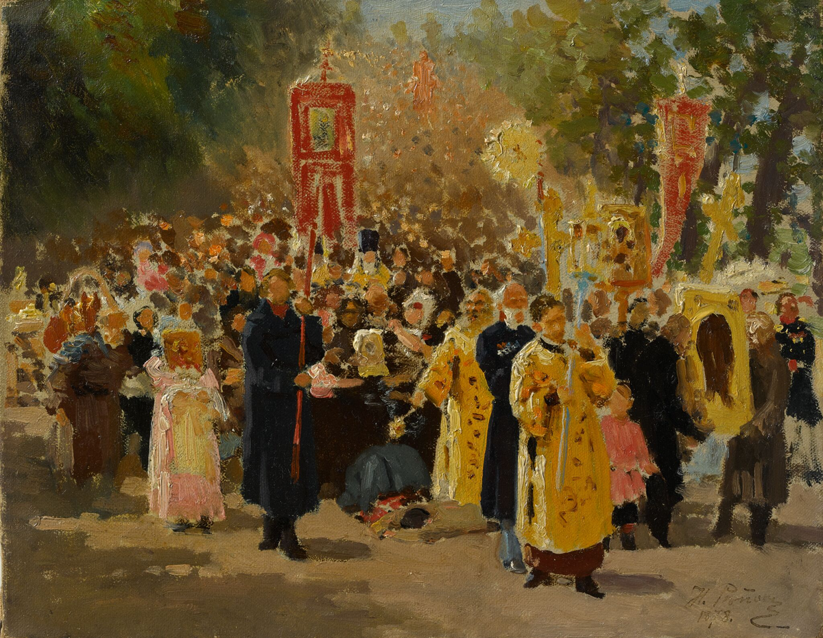 Илья Репин. Крестный ход в дубовом лесу. Явленная икона. Эскиз. 1878. Холст, масло.
Государственная Третьяковская галерея