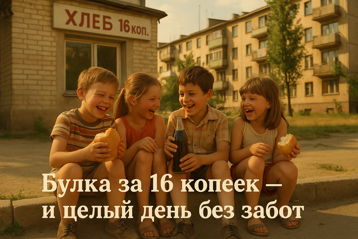 Лето, конец 70-х. Дети во дворе делят булку за 16 копеек и газировку на всех. Родители знали — пока ребята рядом с булочной или на лавке у подъезда, всё в порядке. Мир казался простым, а хлеб — вкуснее