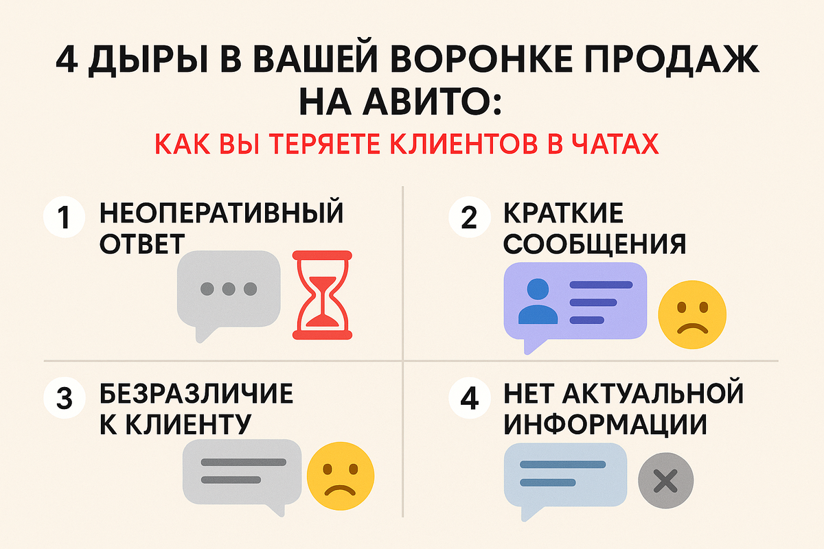 Теряете клиентов в чатах Авито? Авитолог разбирает 4 дыры в вашей воронке продаж, которые убивают прибыль. Узнайте, как исправить ошибки и начать продавать.