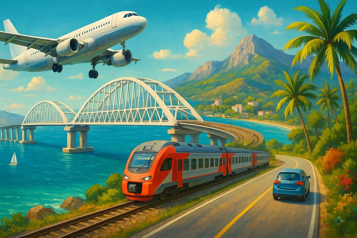 Крымский мост, поезд, самолет, море.

