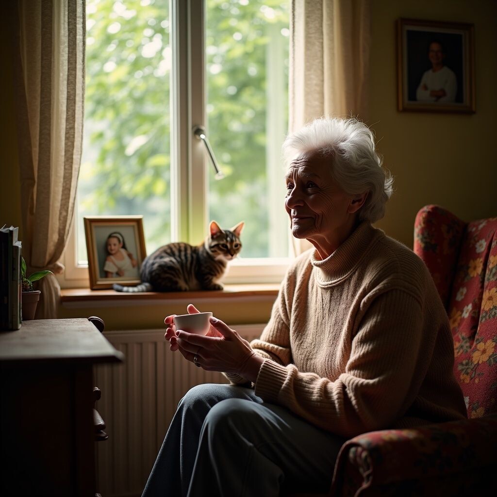 Женщина в возрасте, с котом на подоконнике, задумчиво смотрит в окно. Тёплая, домашняя атмосфера, внутреннее спокойствие и независимость.